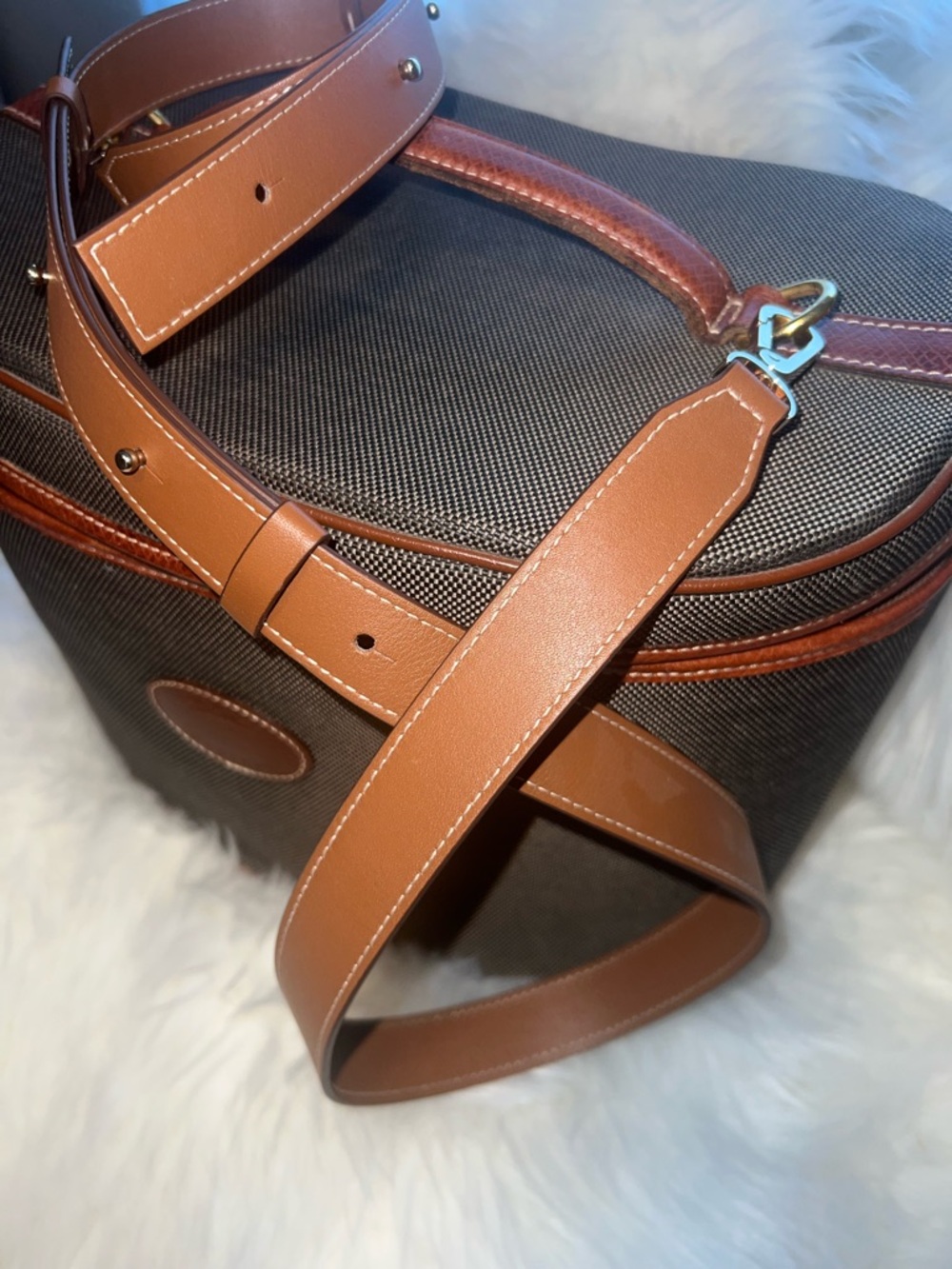 Vintage 90s Longchamp  Le Pliage Country Estate Cognac & Moss Vanity Train CBK - Picture 3 of 10